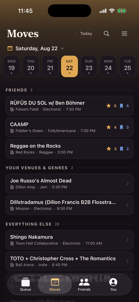 ConcertQueue Moves screen showing friends’ concert plans and shows matched to your venues and genres